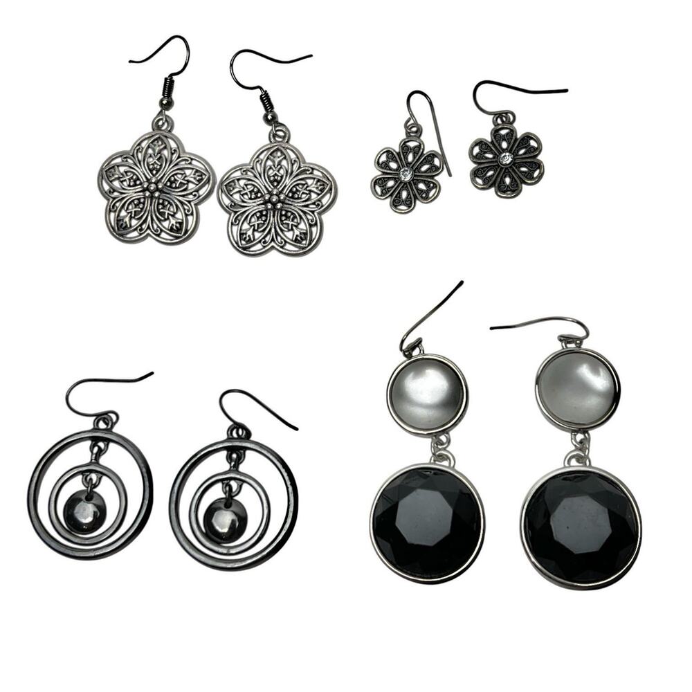 Fashion Earrings Lot 4 Pair Dangle Drop Hook Gunmetal Gray Silver Tone Wearable